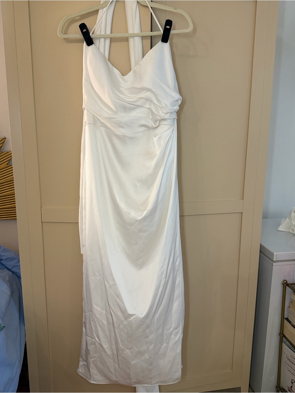 Jenny Yoo White Satin Halter Maxi Dress with Scarf - Picture 7 of 8